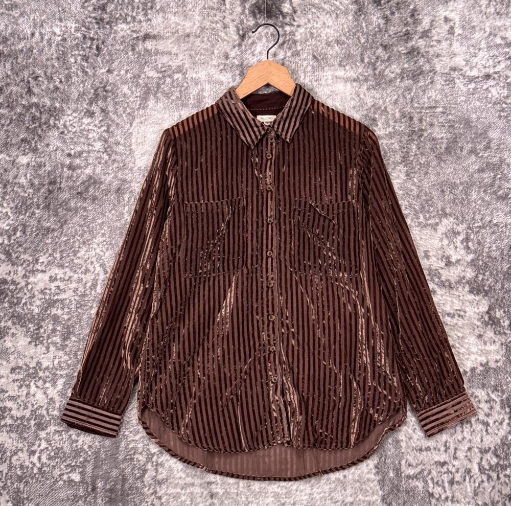 Anthropologie Shirt Small Womens Pilcro Sheer Velvet Stripe Burnout Brown